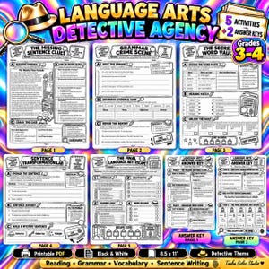 May include: A Language Arts Detective Agency educational activity set for grades 3-4, featuring five worksheets and two answer keys. The pages include exercises on sentence clues, grammar, word vaults, sentence transformation, and escape room puzzles.