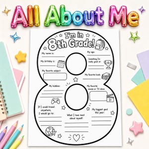 Puede incluir: Una hoja de trabajo imprimible en blanco y negro con forma de número ocho con el texto I'm in 8th Grade! que incluye secciones para nombre, edad, cumpleaños, pasatiempos, materias favoritas, libros, películas y metas, con iconos decorativos.