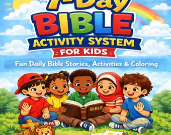 7-dagars bibelaktivitetssystem för barn utskrivbart | Kristna läroblad | Bibelberättelser och målarbilder | Hemundervisning i PDF-format för åldrar 4–8