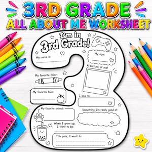 May include: A 3rd grade all about me worksheet shaped like the number three, featuring black outlines on white paper. It includes prompts for name, age, favorite color, food, animal, and goals. Surrounded by colorful crayons and notebooks.