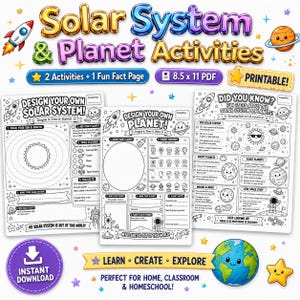 Könnte beinhalten: Ein Set aus drei druckbaren Arbeitsblättern mit dem Titel Solar System & Planet Activities, darunter Design Your Own Solar System, Design Your Own Planet und Did You Know? Fun Facts. Die 21,6 x 27,9 cm großen PDF-Seiten zeigen schwarz-weiße Strichzeichnungen.