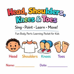 May include: A colorful educational poster with the text "Head, Shoulders, Knees & Toes." It includes illustrations of body parts: a head, shoulders, knees, and toes. The poster also has space for a name and date.
