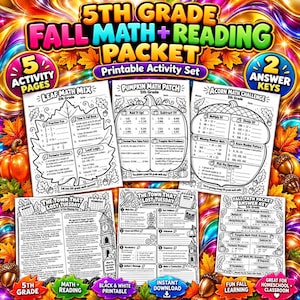 May include: A 5th grade fall math and reading packet featuring five activity pages and two answer keys. The set includes worksheets titled Leaf Math Mix, Pumpkin Math Patch, Acorn Math Challenge, and The Town That Lost Tuesday.