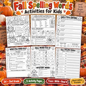 Può includere: Una raccolta di cinque fogli di attività stampabili in bianco e nero intitolati Fall Spelling Words Activities for Kids. I fogli contengono esercizi come sfide di ortografia, scrittura di frasi, abbinamenti di parole e testi da completare.