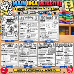 Könnte beinhalten: Ein sieben-seitiges Lese-Verständnis-Aktivitätspaket mit dem Titel Main Idea Detective, das einen Cartoon-Hundedetektiv, pädagogische Übungen, Fallakten und einen Lösungsschlüssel enthält. Die schwarz-weißen Arbeitsblätter zeigen Text und Grafiken.