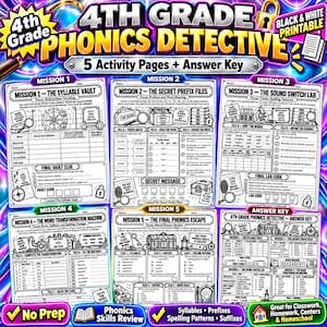 May include: A 4th Grade Phonics Detective educational activity set featuring five black and white printable worksheets and an answer key. The pages include missions focused on syllables, prefixes, spelling patterns, roots, and suffixes.