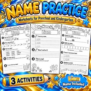 Puede incluir: Tres hojas de trabajo educativas tituladas Name Practice para preescolar y jardín de infancia. Cada página presenta el nombre Liam con ejercicios de caligrafía, identificación de letras, conteo y dibujo, sobre un fondo azul y dorado.