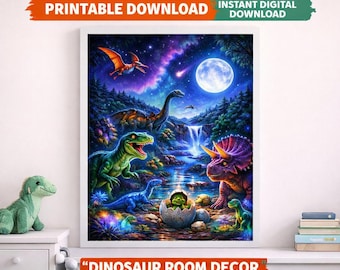 Dinosaur Wall Art for Kids Room | Printable Dino Poster | Night Decor |Instant Download