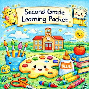 Könnte beinhalten: Bunte Illustration von Schulmaterialien, darunter Pinsel, eine Palette, Kleber, Buntstifte und Scheren. Das Bild zeigt ein Schulgebäude, eine lächelnde Sonne und den Text "Second Grade Learning Packet" auf einem Banner.