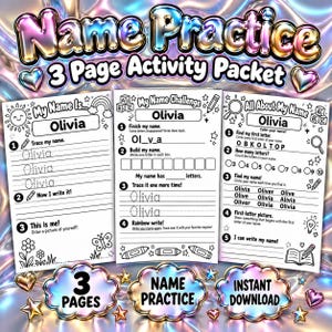 Puede incluir: Un paquete de actividades de tres páginas para practicar nombres con hojas tituladas My Name Is, My Name Challenge y All About My Name. Cada página incluye ejercicios de caligrafía, construcción de letras y conteo con el nombre Olivia.