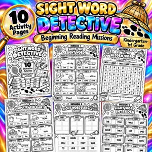 Può includere: Un set di 10 pagine di attività Sight Word Detective per studenti della scuola dell'infanzia e della prima elementare. I fogli di lavoro in bianco e nero presentano missioni di lettura, ricerche di parole e compiti di classificazione.