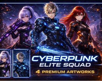 Cyberpunk Elite Squad Anime Wall Art Futuristic Sci Fi Characters Digital Download Set of 4