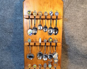 Large Souvenir Vintage Spoon Collection with three solid wood racks