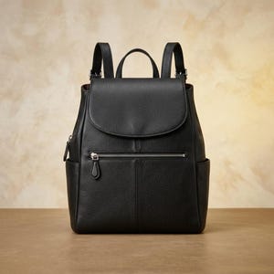 May include: Black leather backpack with a flap closure, top handle, and adjustable shoulder straps. Features a front zipped pocket and side pockets. The bag has a textured finish and silver-tone hardware.