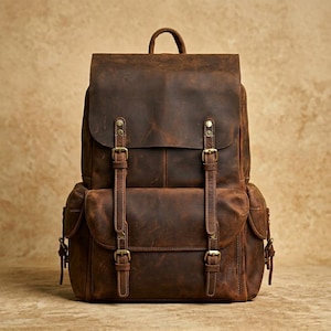 May include: A brown leather backpack with a flap closure and adjustable straps. The backpack has multiple pockets and a top handle. The leather has a distressed look with visible grain and texture. The hardware is brass-colored.