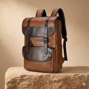 Peut inclure: Un sac à dos en cuir marron et marron foncé avec des bretelles réglables et plusieurs compartiments. Le sac à dos a une fermeture à rabat avec des boucles et une poche avant. Le sac est posé sur une surface en pierre.