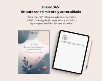 Puede incluir: Imagen de un diario de autocuidado y una tableta. La portada del diario tiene un diseño floral con el texto "365 días de autoconocimiento y autocuidado". La tableta muestra un calendario y texto. Un lápiz óptico está al lado de la tableta.