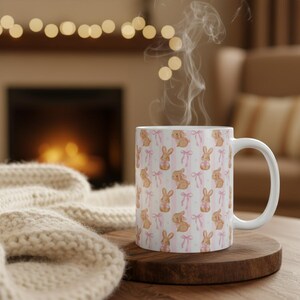 Watercolor Bunny Pattern Mug | Pink Ribbon Easter Coffee Cup