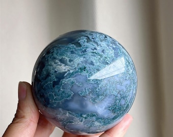 Esfera de ágata musgosa verde aguamarina de 74 mm, bola de cristal curativa grande, decoración del hogar