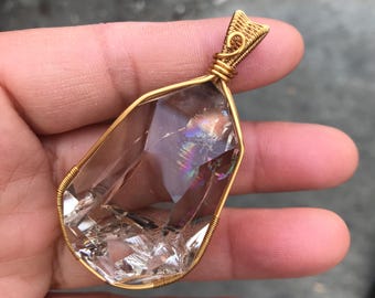 Smoky Quartz Pendant, Rainbow Flash Crystal, Gold Wire Wrapped, Boho Necklace