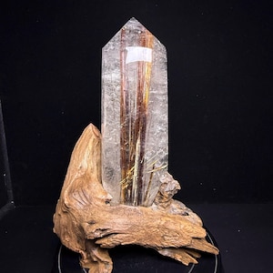 Natural Copper‑Gold Rutilated Quartz Tower with Wood Base, Collector Grade Crystal Point for Home Decor & Energy Work