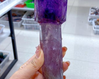 Cetro de amatista natural con aguja azul y arcoíris, varita grande de amatista.