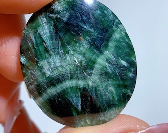Natural Russian Green Seraphinite Cabochon, Chatoyant Palm Stone Healing Crystal
