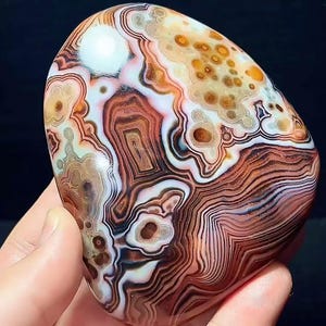 Puede incluir: Una piedra pulida y redondeada que presenta bandas concéntricas intrincadas en tonos marrón oscuro, naranja óxido, crema y blanco. La superficie muestra un patrón complejo de líneas giratorias y orbes circulares, creando una apariencia detallada y multicapa en toda la cara del espécimen.
