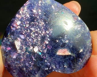 Bloodshot Iolite Heart Palm Stone, Natural Purple Crystal with Rainbow Flash, Unique Love Decor