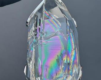 Natural Rainbow Clear Quartz Pendant, Freeform White Tea Tone Quartz Necklace