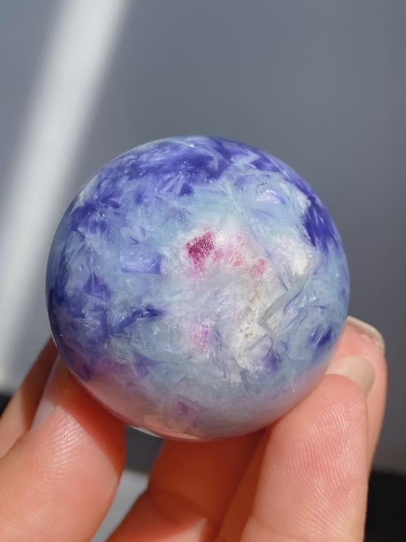 Rare Feathery Purple Calcite Sphere with Pink Tourmaline Inclusion, Natural Crystal Ball