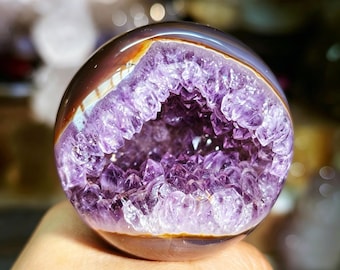 Premium Uruguay Amethyst Open Geode Sphere, Natural Purple Crystal Cluster Ball, One Of A Kind Altar Home Decor