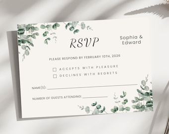 Editable RSVP Card Template, Wedding RSVP Printable 6x4, Elegant Greenery RSVP, Canva Template, Instant Download