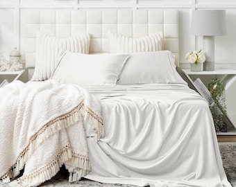 Jogo de lençóis de bambu de luxo – roupa de cama ultramacia e respirável, com bolsos profundos.