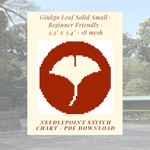 Può includere: Un download PDF di un grafico a punto croce con un disegno a foglia di ginkgo. Il disegno è una foglia di ginkgo bianca all'interno di un cerchio rosso scuro. Il testo recita "Ginkgo Leaf Solid Small. 8,4 cm x 8,6 cm 18 mesh."