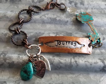 Journey Word Bracelet, Copper and Turquoise Boho Bracelet, Heart Inspiration, Key Bracelet, Love to Travel, Handmade Jewelry