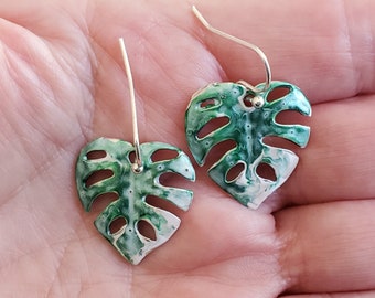 Monstera Leaf Earrings Tropical Island Earrings Swiss Cheese Plant Hand Painted Deliciosa Green Earrings Handmade