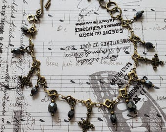 Retro Gothic Black Cross Bracelet: Brass Hematite Religious Jewelry, Cowgirl, Whimsigoth, Charm Bracelet