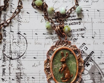 Bunny Rabbit Artisan Necklace: Spring Woodland Brown Hare, Green, Copper, Picture Frame, Chocolate Easter Bunny, Beatrix Potter Style