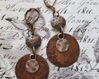 Copper Silver Mixed Metal Boho Earrings: Disc Earrings, Rustic, Cowgirl, Whimsigoth Earrings