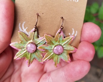 Pink Green Flower Earrings, Copper Flower Earrings, Handmade Flower Earrings, Boho Faux Gemstone Earrings, Vintage Star Flower Earrings