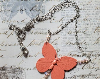 Butterfly Necklace: Peach Coral Spring Summer, Monarch, Nature, Garden Jewelry