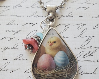 Easter Chick Pendant Necklace: Blue Yellow Pink, Baby Chicken, Spring Jewelry, Easter Eggs, Artisan