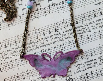 Purple Butterfly Necklace Colorful Statement Necklace Southwestern Cowgirl Purple and Turquoise Enamel Garden Lover Nature Insect Artsy