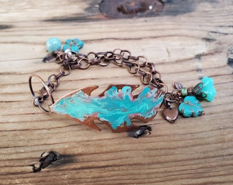 Handmade Turquoise Leaf Bracelet, Flower Woodland Bracelet, Cottagecore, Garden Bracelet, Bee Charm Bracelet, Southwestern, Cowgirl