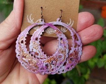 Big Purple Boho Hoop Earrings, Handmade Enameled Earrings, Filigree Earrings, One of a Kind Hand Painted Earrings