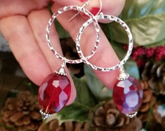 Red Earrings Hoop Earrings Silver Earrings Simple Earrings Valentine Earrings Gift for Her Faceted Glass Ruby Red