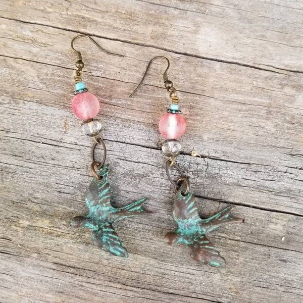 Rustic Swallow Bird Earrings Patina Green and Coral Boho Hippie Cowgirl Gypsy Earrings Tesla Designs Turquoise Southwestern OOAK