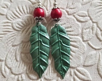 Holly Leaf Earrings, Red Berry Earrings, Christmas Holiday Earrings, Red Green Earrings, Rustic, Handmade, Hand Painted, Vintage