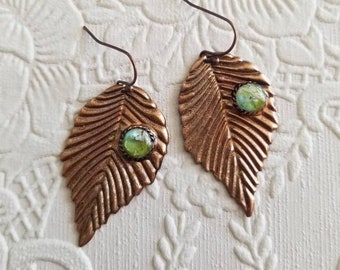 Boho Leaf Earrings, Earthy Copper and Green Earrings, Southwestern Cowgirl Earrings, Handmade Faux Stone, Cottagecore, Moss Agate